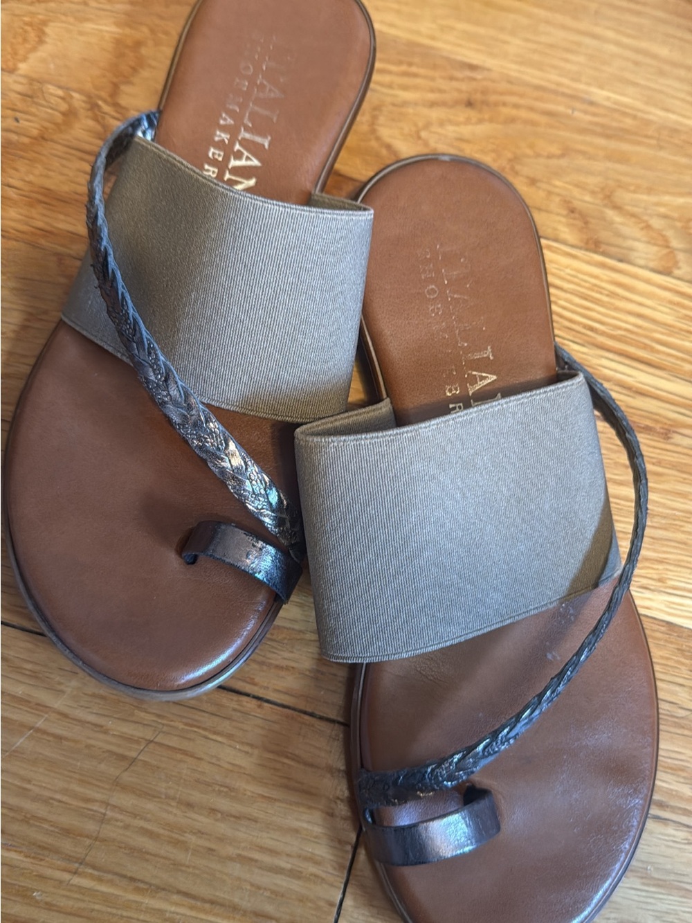 Alan K Brown Leather Slide Sandals with Taupe Elastic and Metallic Braid